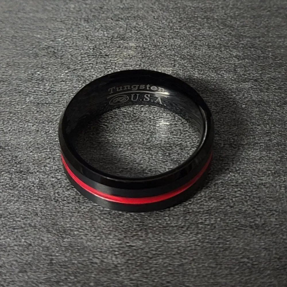 Personalized Men's Real Black Tungsten Wedding Ring With Red Line Center Groove